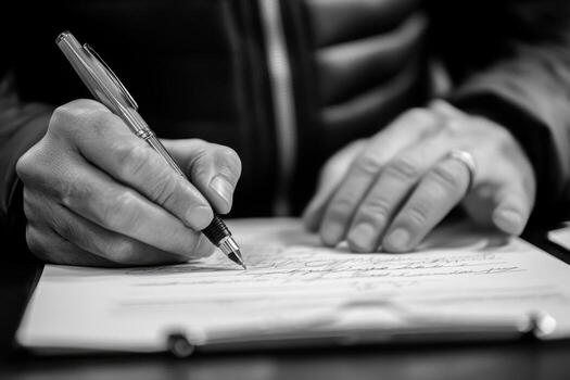 A person signing a document with a pen photo