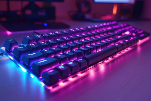 A keyboard with purple and blue lights on it photo