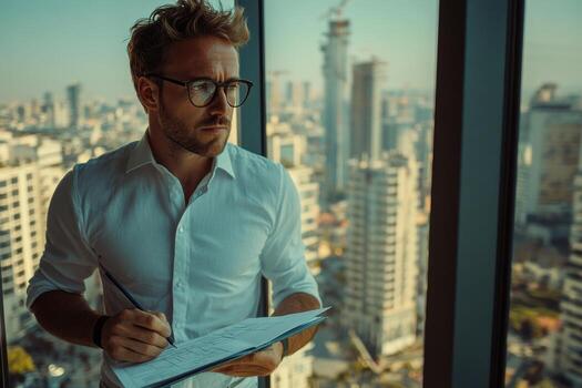 A man in glasses is writing on a notepad while looking out of a window photo