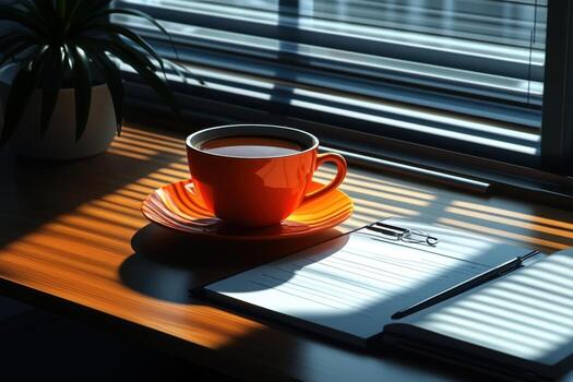 A cup of coffee and notepad on a desk with sunlight on the window photo
