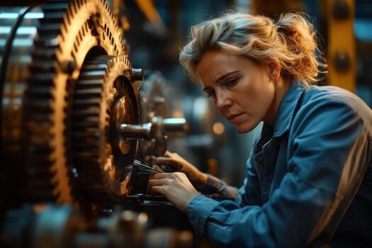 A woman working on a machine in a factory photo