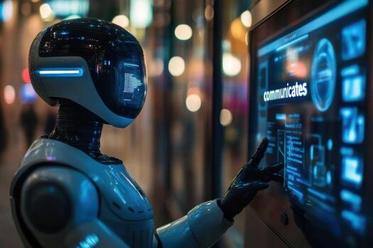 A robot is standing in front of a computer screen photo