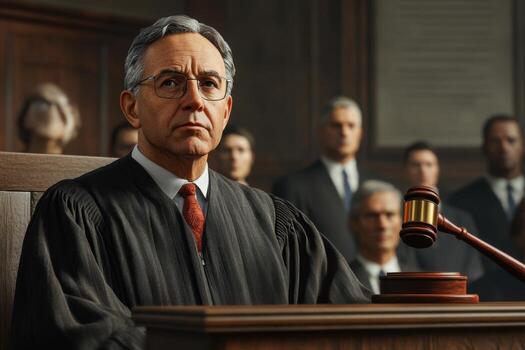 A judge sitting in a courtroom with a gavel photo