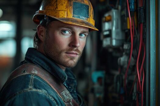 A man in a hard hat and overalls looking at the camera photo