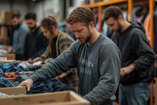 A man is sorting clothes in a warehouse photo