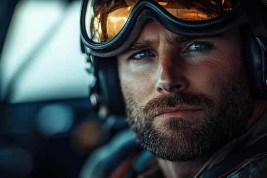 A man in a pilot's helmet looking into the camera photo
