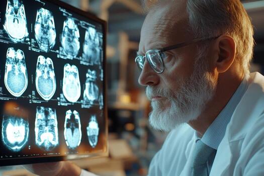 A man in a lab coat is looking at a computer screen with a brain scan photo