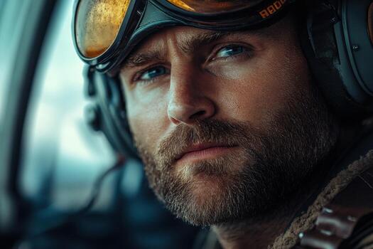 A man in a pilot's helmet looking off to the side photo