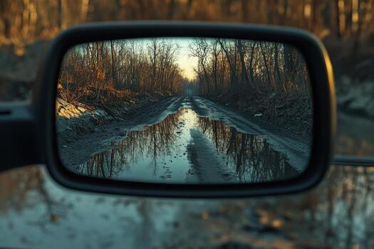 A side view mirror showing a road with trees and water photo
