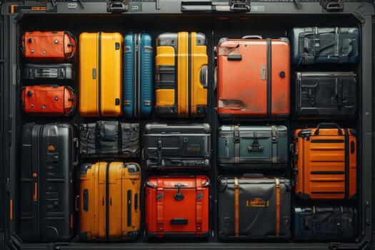 A large collection of suitcases in a black case photo