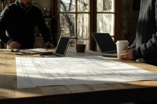 dos hombres en pie a un mesa con un ordenador portátil y un café taza foto