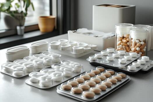 A table with various containers of pills and other items photo