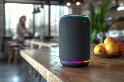A smart speaker on a table in a kitchen photo