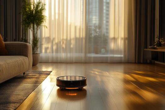 A robot vacuum cleaner sitting on the floor in front of a couch photo