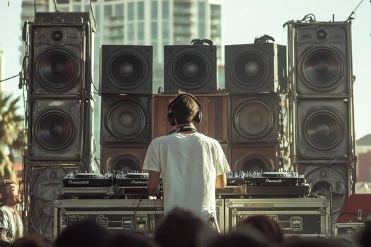 A dj playing music in front of a crowd photo