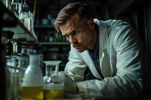 A man in a lab coat is looking at something photo