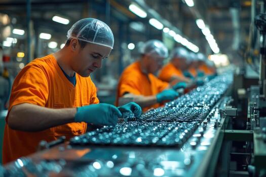 Workers at an assembly line in an industrial factory photo