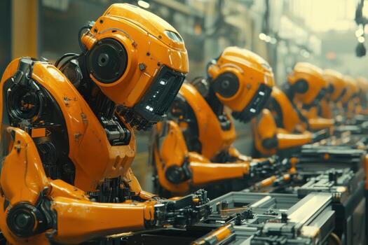 Robot workers in an assembly line photo