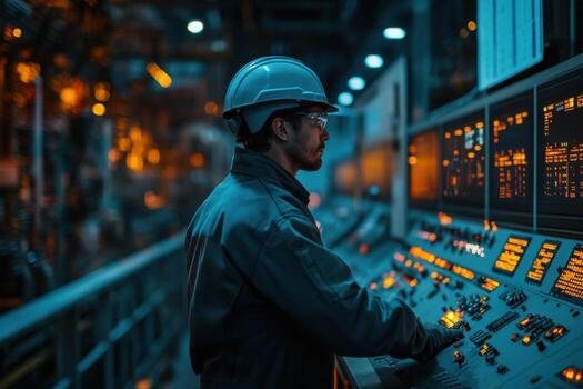 A man in a hard hat and helmet is standing in front of a control panel photo