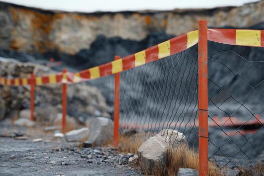 A fence with yellow and red stripes in front of a rock quarry photo