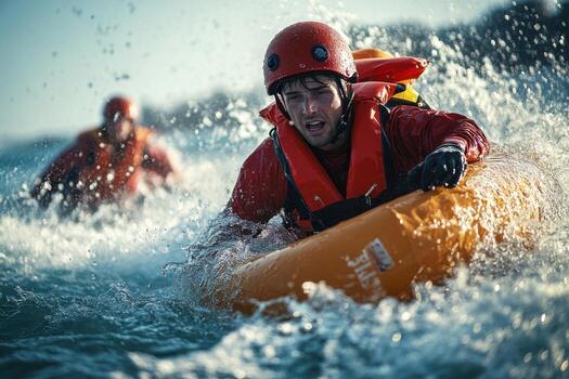 A man in a life jacket riding on an inflatable raft photo