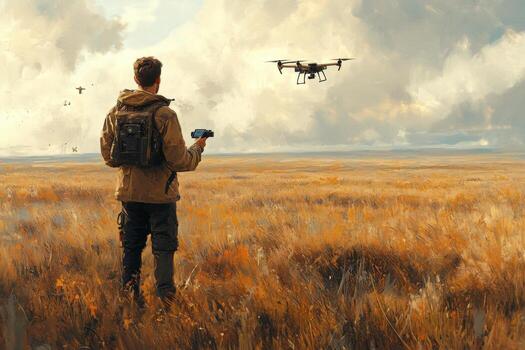 A man in a field with a drone flying over him photo
