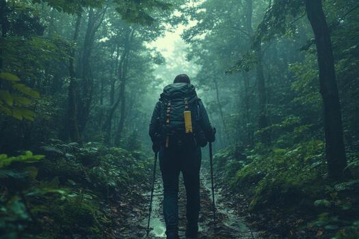 A person with a backpack walking through a forest photo