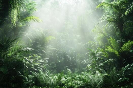 A tropical forest with sunbeams shining through the trees photo