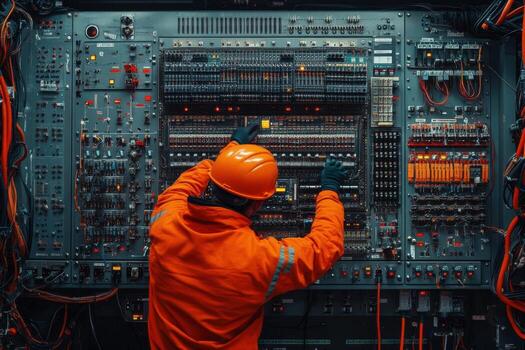 A man in an orange safety vest is working on a computer photo