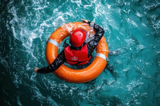 A person in a life preserver floating in the ocean photo