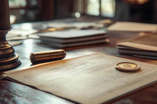 A document and a gold coin sit on a table photo