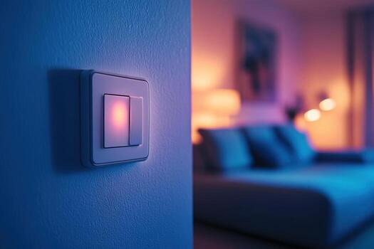 A light switch is on in a room with a couch photo