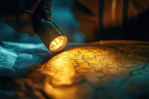 A person holding a flashlight on a map photo