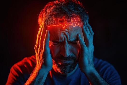 A man with a headache and red light photo