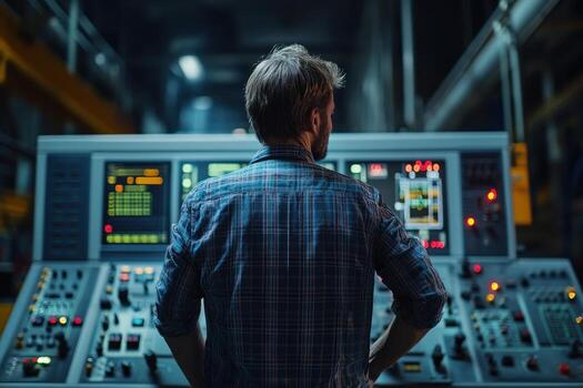 Man standing in front of control panel in factory photo
