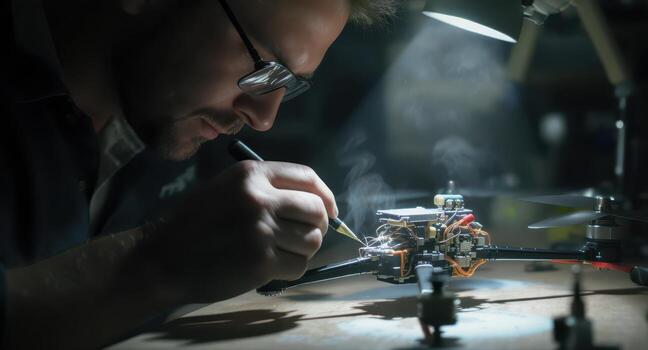 Focused engineer soldering wires on a racing FPV drone in a dark workshop photo