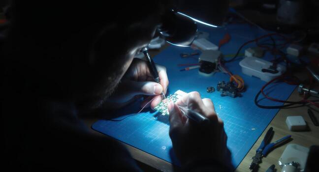 Engineer soldering electronic components on a circuit board under bright headlamp light photo