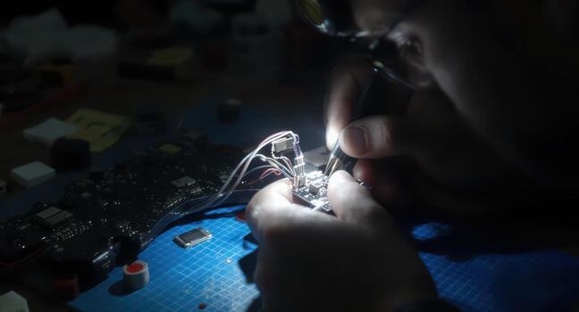 Engineer soldering FPV drone circuit board with precision under focused headlamp light photo