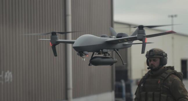 Advanced military drone with surveillance payload flying near a soldier at an airbase photo