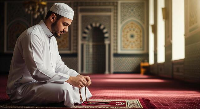 Devout muslim man in traditional attire praying with tasbih beads on a red mat inside a mosque photo
