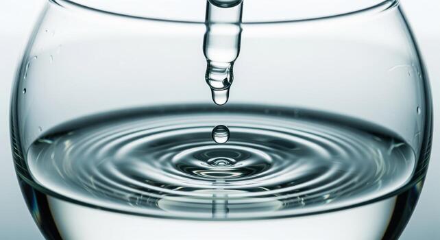 Close up of a clear water drop falling from a glass pipette into pure liquid, creating ripples photo