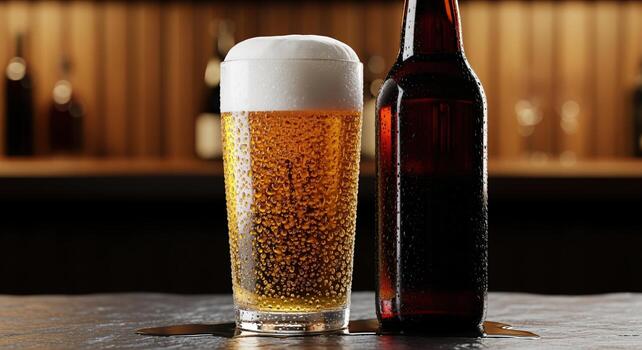 Refreshing glass of sparkling golden lager with condensation and dark beer bottle on bar counter photo