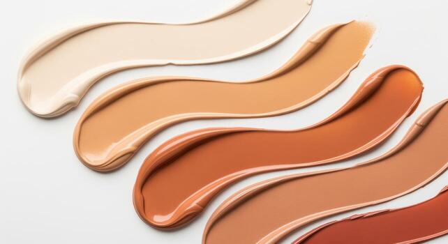 Smooth cosmetic foundation swatches in a gradient of skin tones from light to dark on white surface photo