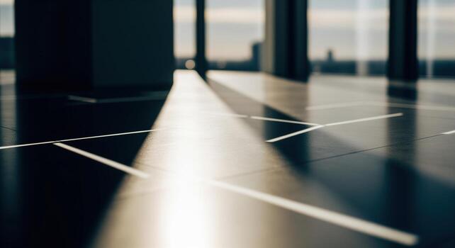 Modern minimalist office floor with abstract light and shadow patterns photo