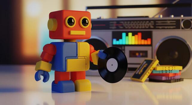 Whimsical block robot toy holding vinyl record with retro boombox and cassettes photo