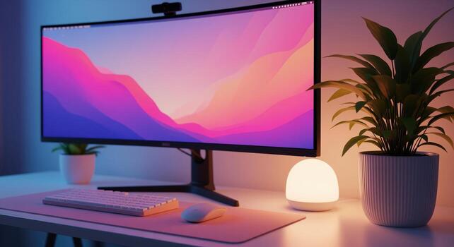 Modern desk setup with curved monitor displaying vibrant gradient wallpaper in a home office environment photo
