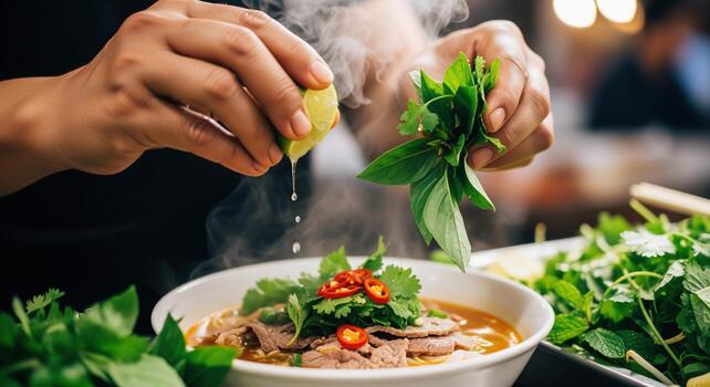 Close up of hands squeezing fresh lime and adding aromatic herbs to a steaming bowl of authentic vietnamese pho photo