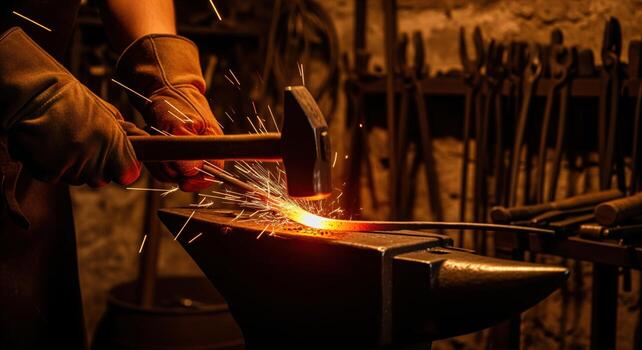 Blacksmith hammering glowing hot metal on anvil in a traditional forge with sparks flying photo