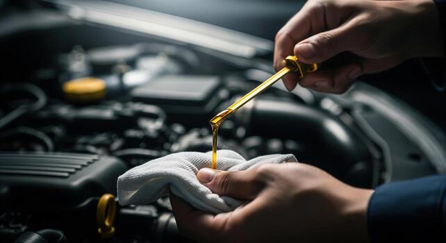Mechanic checking engine oil level with dipstick during car maintenance service photo