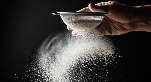 Human hand sifting fine white flour through a metal sieve, creating a dynamic dust cloud photo